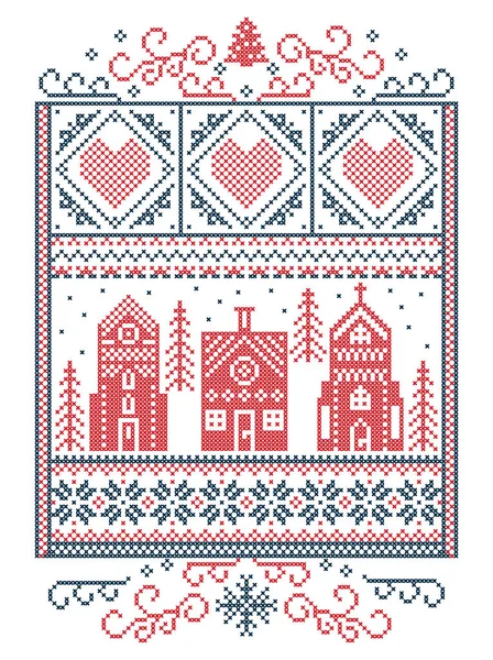 Scandinavian Christmas, nordisk stil vinter sömmar, mönster inklusive snöflinga, hjärtat, winter wonderland village, pepparkakshus, kyrka, julgran, snö i röda, blå i rektangel ram — Stock vektor