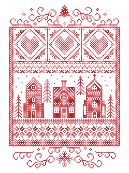 Scandinavische kerst, Scandinavische stijl winter stiksels, patroon inclusief sneeuwvlok, hart, winter wonderland dorp, peperkoek huis, kerk, kerstboom, sneeuw in het rood, wit in Rechthoekkader — Stockvector