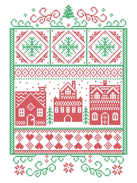 Christmas Scandinavian, Nordic style winter stitching, pattern including snowflake, heart, winter wonderland village, gingerbread houses, church, Christmas tree, snow in red, green in rectangle frame — Stock Vector