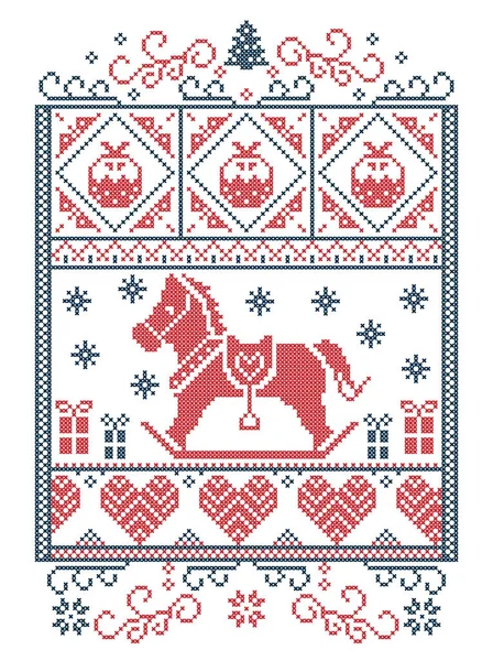 Elegant Christmas Scandinavian, Nordic style winter stitching, pattern including snowflake, heart, rocking horse, Christmas tree, Christmas present snow in red, white, blue in decorative rectangle frame — стоковый вектор