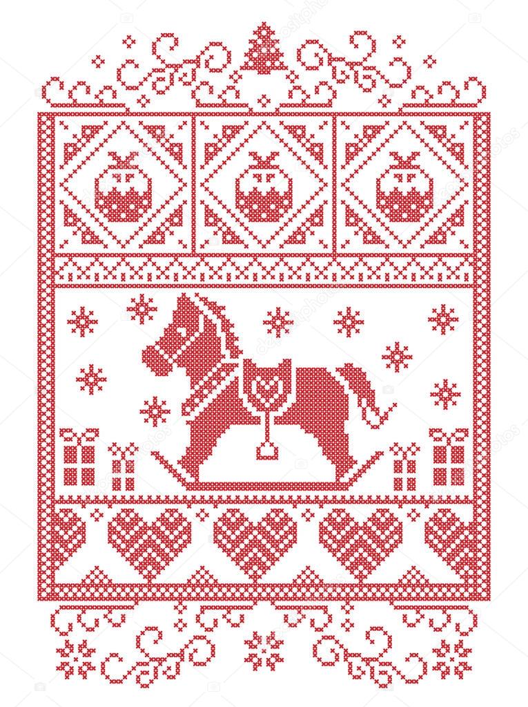 Elegant Christmas Scandinavian, Nordic style winter stitching, pattern including snowflake, heart, rocking horse, Christmas tree, Christmas present snow in red, white in decorative rectangle frame 