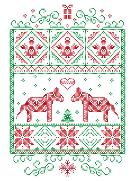 Elegant Christmas Scandinavian, Nordic style winter cross stitch pattern including snowflake, heart, Dala horse, Christmas tree, gift, angels, snow in red, green, white in decorative rectangle frame — Stock Vector