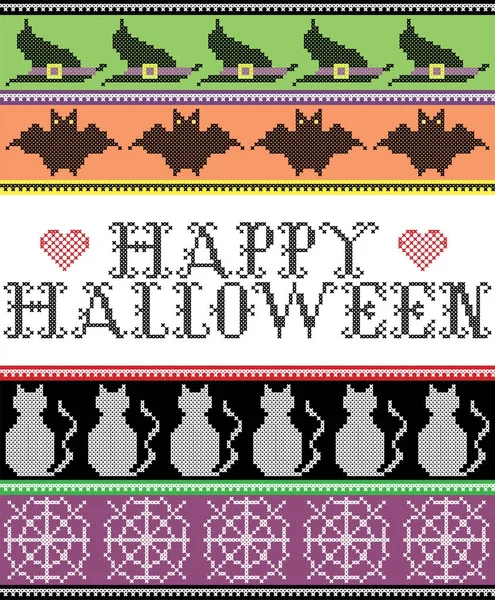 Punto croce scandinavo e festa tradizionale americana ispirato senza soluzione di continuità modello Happy Halloween con pipistrello, gatto, ragnatela, cappello da strega, ornamenti decorativi in viola, arancione, nero, giallo, verde — Vettoriale Stock