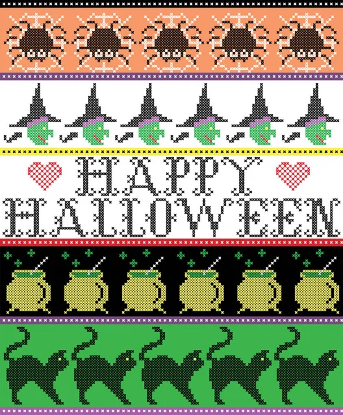 Stitch cruzado escandinavo e tradicional feriado americano inspirado sem costura padrão Feliz Halloween com aranha, web, bruxa, caldeira, gato e decoração ornamentos em roxo, laranja, preto, amarelo, verde — Vetor de Stock
