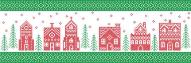 İskandinav tarzı ve İskandinav Çapraz dikiş zanaat neşeli Noel desen kırmızı ve beyaz, kış harikalar diyarı Köyü, kilise, Noel ağaçları, yıldız da dahil olmak üzere yeşil esinlenerek, kar taneleri, kalp