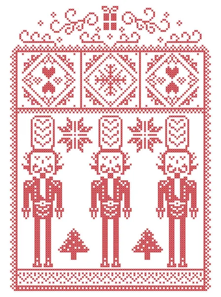 Elegante Navidad escandinava, costuras de invierno de estilo nórdico, patrón que incluye copo de nieve, corazón, soldado cascanueces, árbol de Navidad, regalo de Navidad, nieve en rojo, blanco en marco rectangular decorativo — Vector de stock