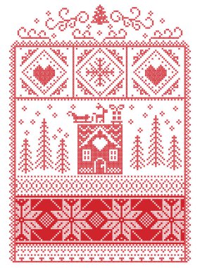 Zarif Noel İskandinav, İskandinav tarzı kış dikiş, kar tanesi, kalp, Ren geyiği, kızak, zencefilli ev, yılbaşı ağacı, Hediyelik, kar da dahil olmak üzere desen dekoratif çerçeve içinde kırmızı, beyaz 