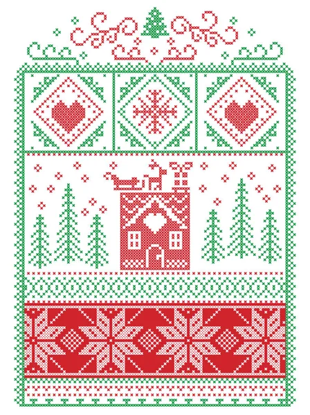 Elegante Navidad escandinava, costuras de invierno de estilo nórdico, patrón que incluye copo de nieve, corazón, renos, trineo, casa de jengibre, árbol de Navidad, regalo, nieve en rojo, verde en marco decorativo — Archivo Imágenes Vectoriales