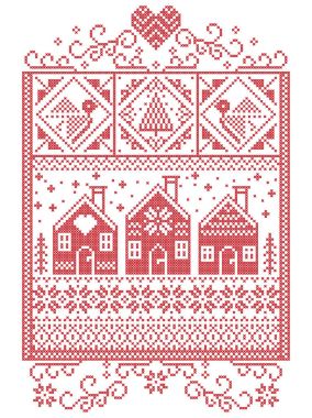 Zarif Noel İskandinav, İskandinav tarzı kış dikiş, kar tanesi, kalp, İsveç tarzı ev gingerbread, yılbaşı ağacı, Hediyelik, kar, robin, kar tanesi, kırmızı yıldız da dahil olmak üzere desen beyaz