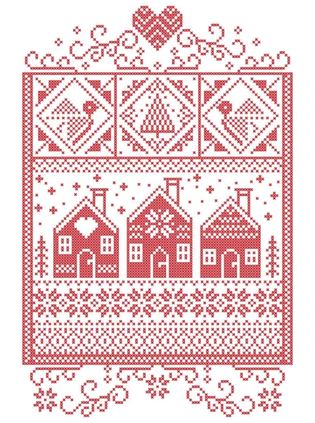 Elegant Christmas Scandinavian, Nordic style winter stitching, pattern including snowflake, heart,  Swedish style gingerbread house, Christmas tree, gift, snow, robin, snowflake, star in red, white — Stock Vector