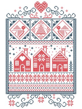 Zarif Noel İskandinav, İskandinav tarzı kış dikiş, kar tanesi, kalp, İsveç tarzı ev gingerbread, yılbaşı ağacı, Hediyelik, kar, robin, kar tanesi, kırmızı yıldız da dahil olmak üzere desen mavi