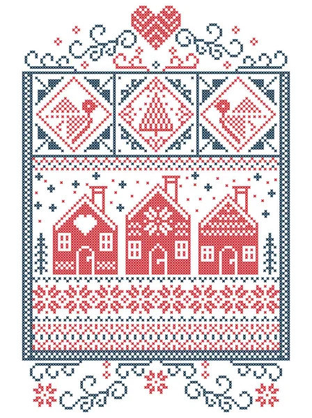 Elegant Christmas Scandian, зимняя вышивка в скандинавском стиле, узор в том числе снежинка, сердце, шведский дом хлеба, елка, подарок, снег, робин, снежинка, звезда в красном, синем цвете — стоковый вектор