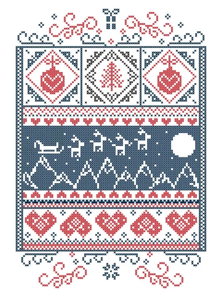 Elegante Navidad escandinava, costuras de invierno de estilo nórdico, patrón que incluye copo de nieve, corazón, renos, montaña, luna, árbol de Navidad, regalo, burbuja, nieve, petirrojo, copo de nieve, estrella en rojo, blanco, azul — Archivo Imágenes Vectoriales