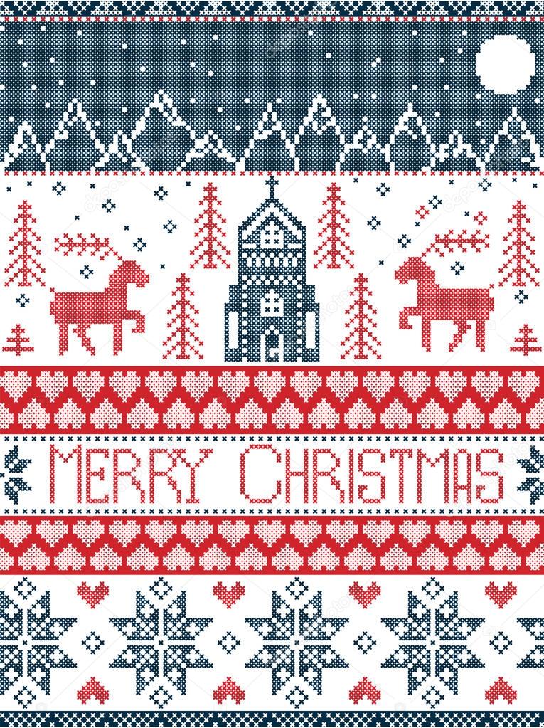 Nordic style Merry Christmas pattern in red and white including  winter wonderland village, church, xmas trees, mountains, stars , snowflakes, reindeer in blue, red
