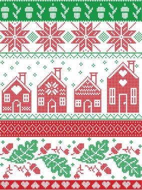 İskandinav ve Norveç Noel halk esinlenerek şenlikli sonbahar ve kar taneleri, kırmızı, beyaz, yeşil süsler kar kış seamless modeli içinde çapraz dikiş meşe palamudu, Meşe yaprağı, kurabiye evi,
