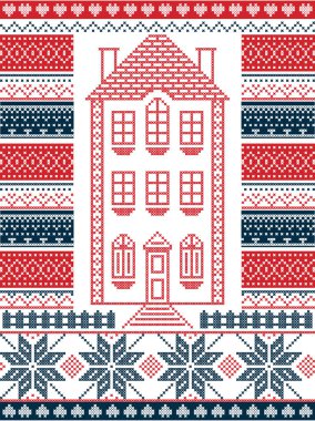 İskandinav tarzı ve İskandinav Noel desen resimde kırmızı ve beyaz dahil gingerbread house, yıldız, çit, dekoratif dikiş çapraz esinlenerek sorunsuz süslü desen kırmızı, mavi