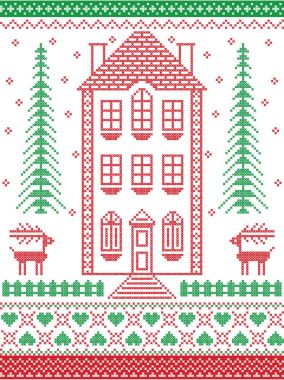 İskandinav tarzı ve ilham tarafından İskandinav Noel desen çizimde Çapraz dikiş kırmızı, yeşil beyaz dahil gingerbread house, kar tanesi, kalp, çit, dekoratif sorunsuz süslü tasarlamak