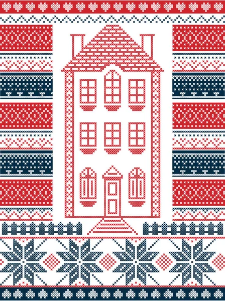 Scandinavische stijl en geïnspireerd door de Scandinavische kerst illustratie van de patroon in kruissteek in rode en witte inclusief peperkoek huis, ster, hek, decoratieve naadloze sierlijke patronen in het rood, blauw — Stockvector