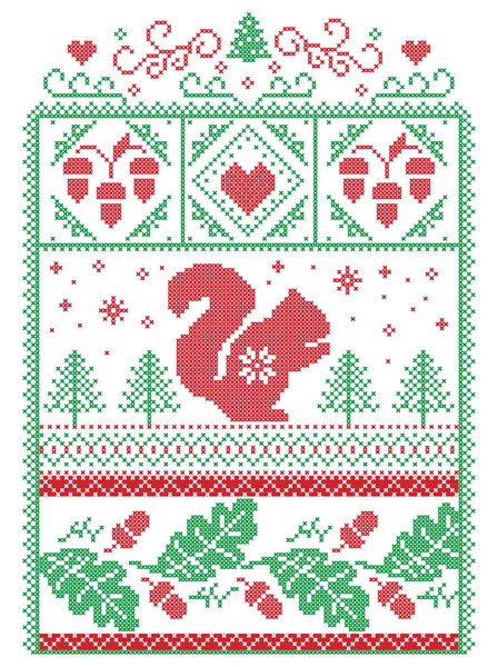 Elegant Christmas Scandinavian, Nordic style winter stitching, pattern including snowflake, heart, squirrel, acorn, oak leaf, love heart, Christmas tree, star and seamless ornaments in red, white, green — стоковый вектор