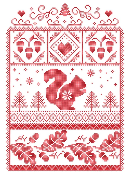 Elegant Christmas Scandinavian, Nordic style winter stitching, pattern including snowflake, heart, squirrel, acorn, oak leaf, love heart, Christmas tree, star and seamless ornaments in red, white — стоковый вектор