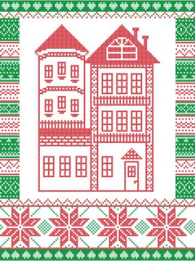 İskandinav tarzı kış ve İskandinav Noel desen çizimde tower, kar tanesi, kesintisiz dekor ile uzun boylu gingerbread ev dahil olmak üzere dikiş çapraz esinlenerek süslü desen kırmızı, yeşil