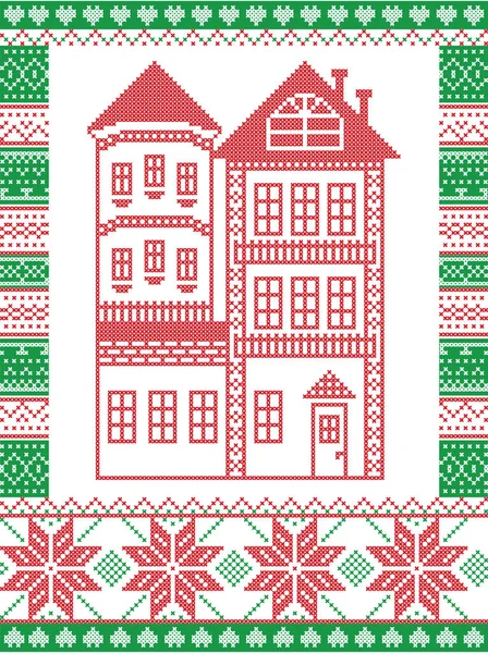 Winter Nordic style and inspired by Scandinavian Christmas pattern illustration in cross stitch including tall gingerbread house with tower, snowflake, decor seamless ornate patterns  in red, green — Stock Vector