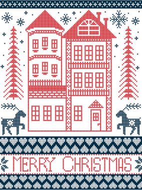 Neşeli Noel İskandinav tarzı ve İskandinav Noel desen çizimde dikiş dahil olmak üzere ev gingerbread, Ren geyiği, kar tanesi, sorunsuz süslü desen kırmızı, beyaz, mavi çapraz esinlenerek