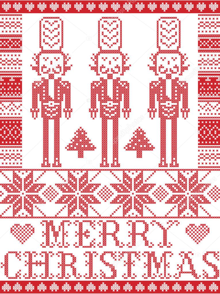 Elegant Merry Christmas Scandinavian, Nordic style winter pattern including snowflake, heart, nutcracker soldier, Christmas tree, snow in red, white in decor seamless pattern elements frame 