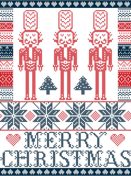 Elegant Merry Christmas Scandinavian, Nordic style winter pattern including snowflake, heart, nutcracker soldier, Christmas tree, snow in red, white, blue in decor seamless pattern elements frame 