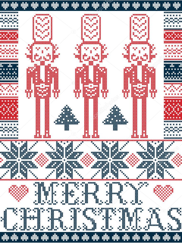 Elegant Merry Christmas Scandinavian, Nordic style winter pattern including snowflake, heart, nutcracker soldier, Christmas tree, snow in red, white, blue in decor seamless pattern elements frame 