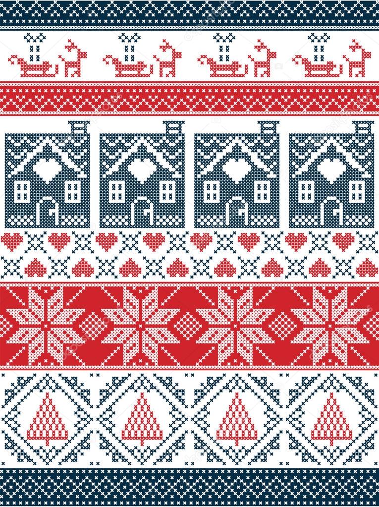Seamless Scandinavian Textile style, inspired by Norwegian Christmas, festive winter seamless pattern in cross stitch with gingerbread house, Christmas tree, heart, reindeer, sleigh  in red, blue
