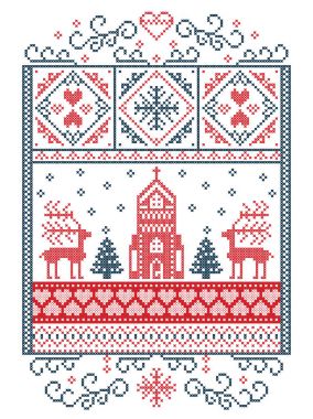 Mavi zarif Merry Christmas İskandinav, İskandinav tarzı kış desen kış harikalar diyarı sahne, beyaz ve kırmızı, kar tanesi, kalp, Ren geyikleri, yılbaşı ağacı, kar, kar tanesi, Şapel dahil