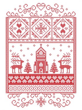 Zarif Merry Christmas İskandinav, İskandinav tarzı kış desen kar tanesi, kalp, Ren geyiği, yılbaşı ağacı, kar, kar tanesi, kış harikalar diyarı manzarası, beyaz ve kırmızı kilise dahil olmak üzere