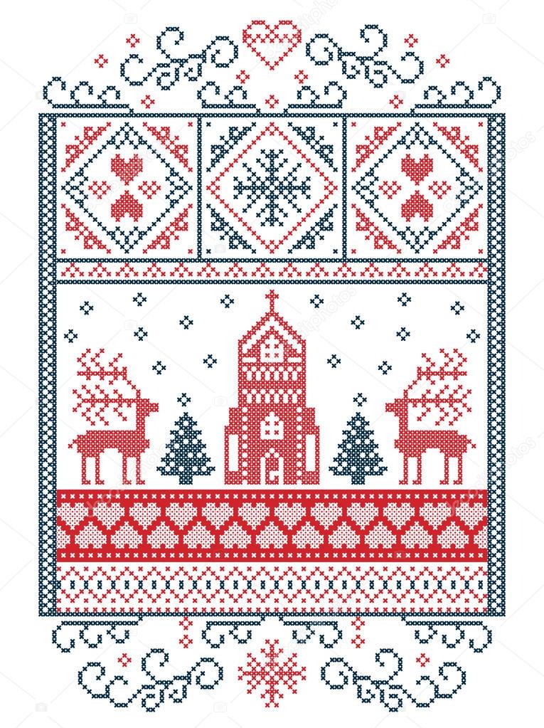 Elegant Merry Christmas Scandinavian, Nordic style winter pattern including snowflake, heart, reindeer, christmas tree, snow, snowflake, chapel in winter wonderland scenery,  in white and red, blue