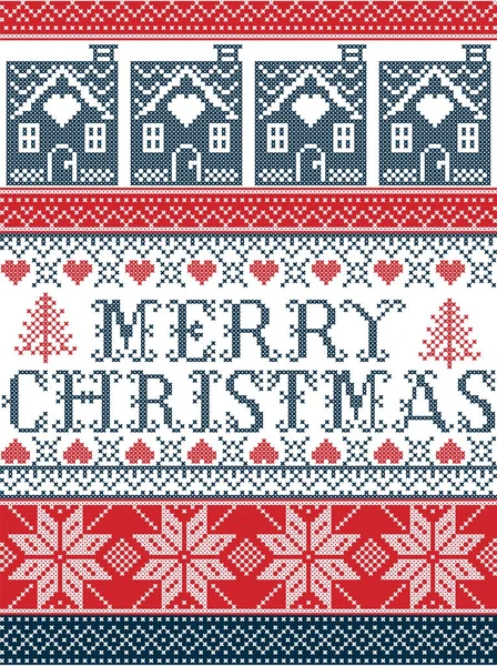 Sömlös Merry Christmas skandinaviska tyg stil, inspirerad av norska jul, festlig vinter mönster i korsstygn med pepparkakshus, julgran, hjärtat, dekorativa ornament — Stock vektor