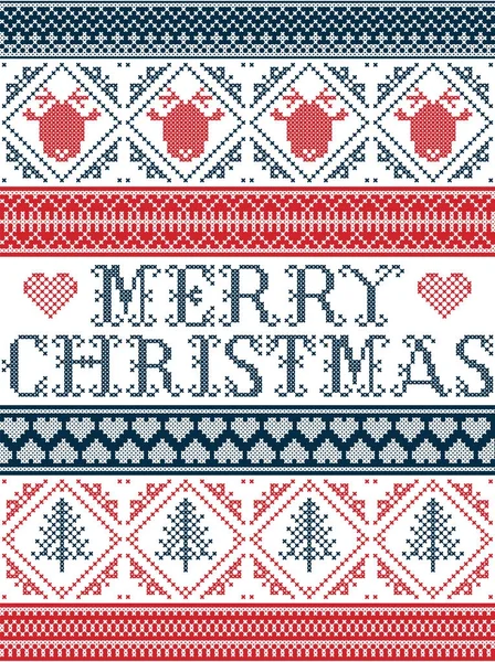Joyeux Noël sans couture style scandinave, inspiré de Noël norvégien, motif d'hiver festif au point de croix avec rennes, sapin de Noël, coeur, ornements décoratifs en bleu, rouge — Image vectorielle