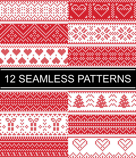 Scandinavian style vector patterns  inspired by Norwegian Christmas, festive winter seamless pattern in cross stitch with heart, snowflake, Christmas tree, snow, decorative ornaments in red, white 