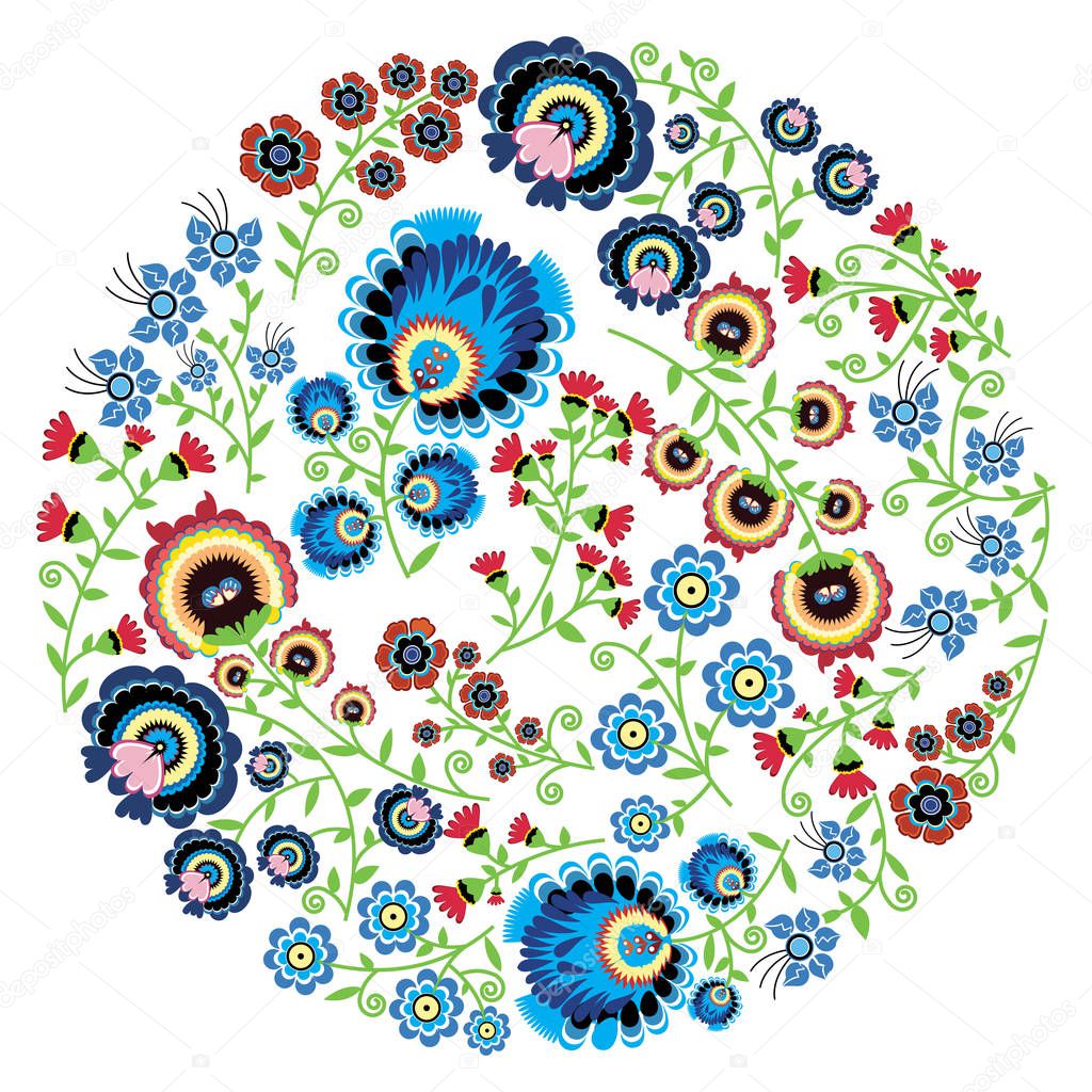 Colorful Polish folk inspired traditional floral pattern in the full moon shape