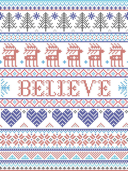 Joy Christmas pattern with Scandinavian Nordic festive winter pastern in cross stitch with heart, snowflake,  Christmas tree, reindeer, forest, star, in white,red, gray, blue