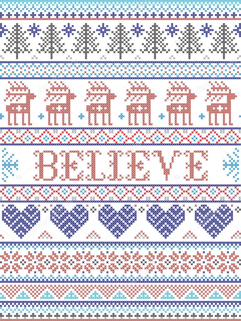 Joy Christmas pattern with Scandinavian Nordic festive winter pastern in cross stitch with heart, snowflake,  Christmas tree, reindeer, forest, star, in white,red, gray, blue