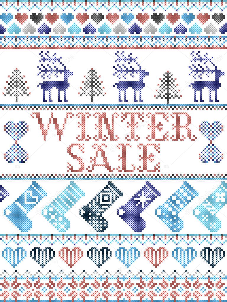 Winter Sale Scandinavian illustration inspired by Norwegian Christmas, festive winter pattern in cross stitch with reindeer, Christmas tree, heart, snowflakes, snow, stockings in red, white,blue