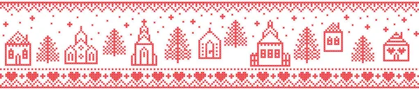 Скандинавський Різдвяний Візерунок Включно Nordic Winter Village Church House Cottages — стоковий вектор