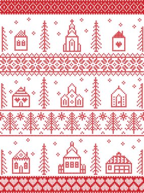 İskandinav Noel desenleri arasında İskandinav Noel manzarası da var: Kilise, ev, kır evleri, belediye binası kalp, kar tanesi, kar, Noel ağacı, orman, süsler