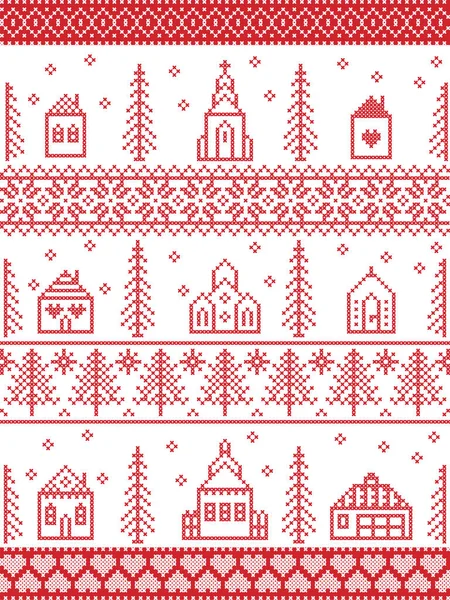 Scandinavian Christmas Pattern Including Nordic Christmas Scenery Winter Village Church — Stock Vector