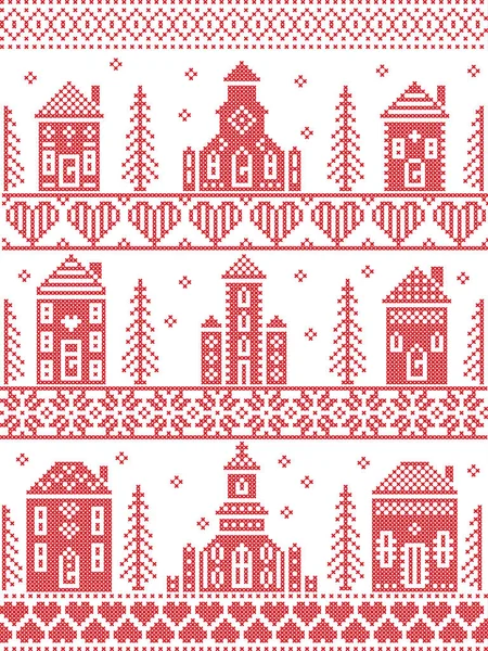İskandinav Noel şablonu, İskandinav Noel manzarası, İskandinav Noel manzarası, Kış Köyü Kilisesi, kır evleri, kalp, kar tanesi, kar, Noel ağacı, orman, kırmızılı yıldızlar...