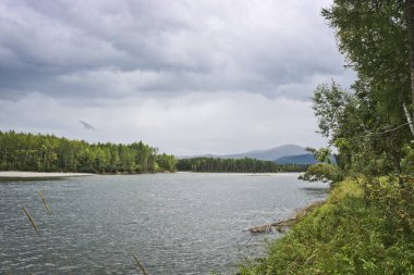 Sibirya 'daki dağ nehri manzarası. Yazın dağlar arasında akan bir dağ nehrinin akıntısı. River Oka Sayan, Doğu Saiyan, Rusya.