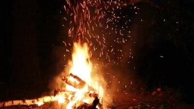 Ağır çekim, gece vakti ormanda nehir kenarında şenlik ateşi. Bir adam ateşe sopa vurur, kıvılcımlar saçar..