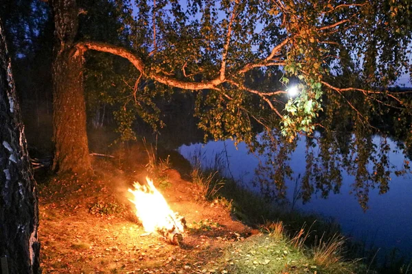 Bonfire by the river in the forest at night. Romantic evening.
