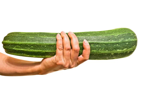 Färsk Grön Zucchini Kvinnlig Hand Hälsosam Vegansk Mat Isolerad Närbild — Stockfoto