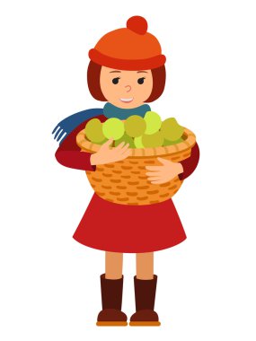 Mutlu Şükran günü kutlamaları için beyaz arka plan üzerinde büyük bir sepet elma ile tutarak sevimli küçük kız izole vektör çizim.